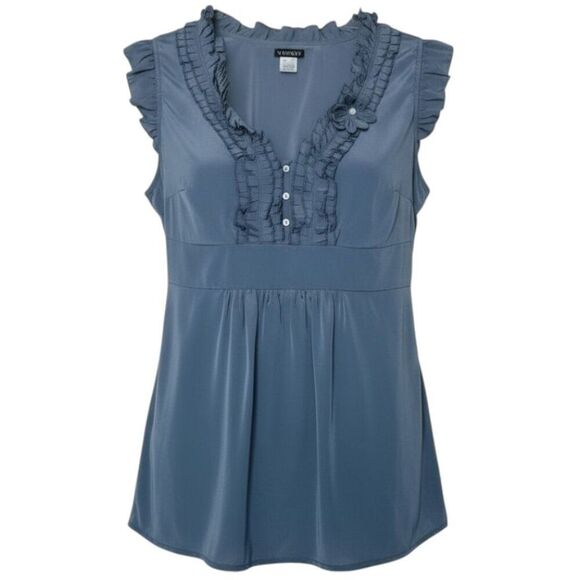 VENUS Tops - Venus Women's Size 14 Blue Gray Metallic Ruffle Collar Short Sleeve Top